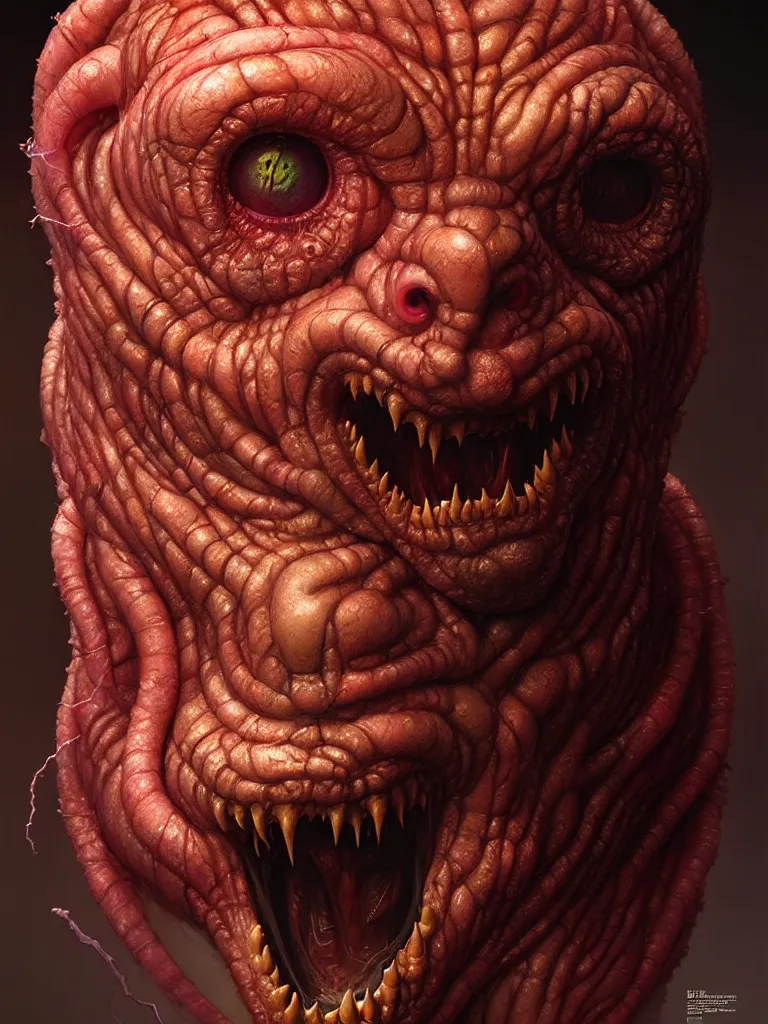 Image similar to hyperrealistic rendering, fat smooth cronenberg flesh monster d & d displacer beast face by donato giancola and greg rutkowski and wayne barlow and zdzisław beksinski, eyeballs, lightning, magic runes, product photography, action figure, sofubi, studio lighting, colored gels, colored background