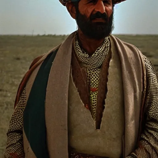 Image similar to Close up of a Kurdish shepherd wearing Kurdish clothes in a movie directed by Christopher Nolan, movie still frame, promotional image, imax 70 mm footage