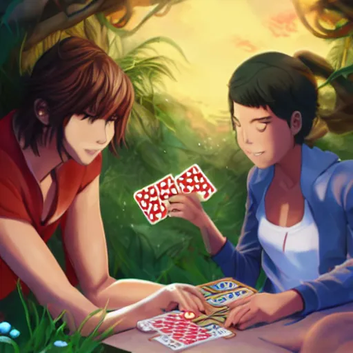 Image similar to aoi asahina and percy jackson playing go fish under the ocean, beautiful digital art