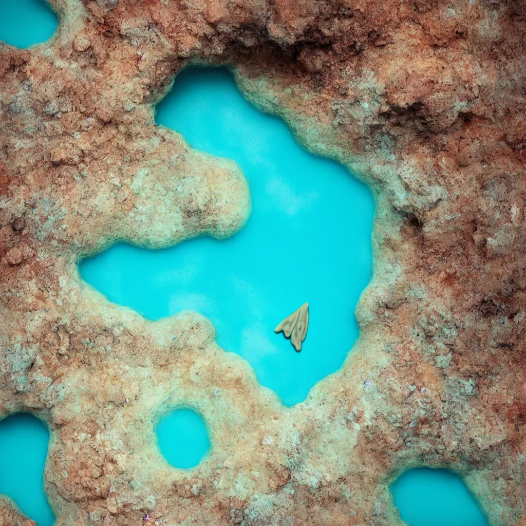 Prompt: large alien nudibranch bathing in a crater filled with bright blue water, Death Valley, octane render, 35mm, sci-fi cinematic movie still
