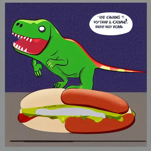 Prompt: a cartoon t - rex eating a hot dog