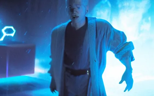 Image similar to still frame from blockbuster movie showcasing groundbreaking cgi a character made of blue cherenkov radiation