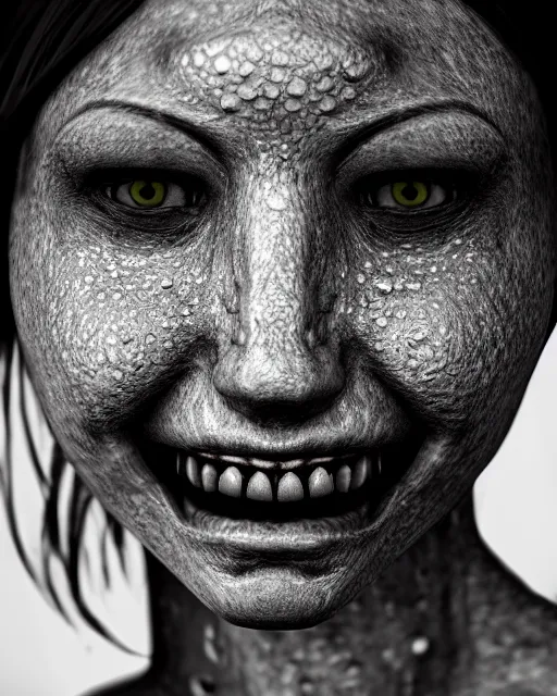 Image similar to detailed eyes, face of an underwater human descendant fishwoman, darkness, macro lens, very deep sea, mariana trench, teeth, dark, hd, dagon, fishpeople