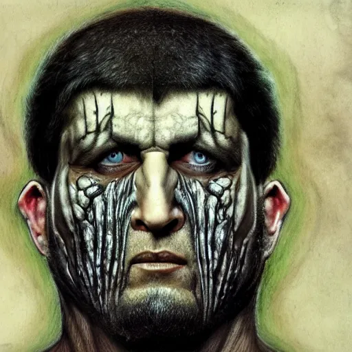 Image similar to bodyhorror portrait of ramzan kadyrov degraded abomination, photo - realistic, color image, 2 k, highly detailed, by h. r. giger