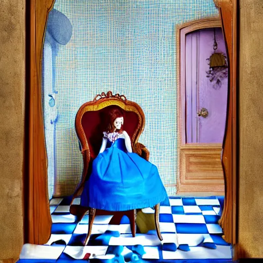 Image similar to alice in the wonderland, sitting, checkered floor, chair, blue dress, door blonde by cheval michael