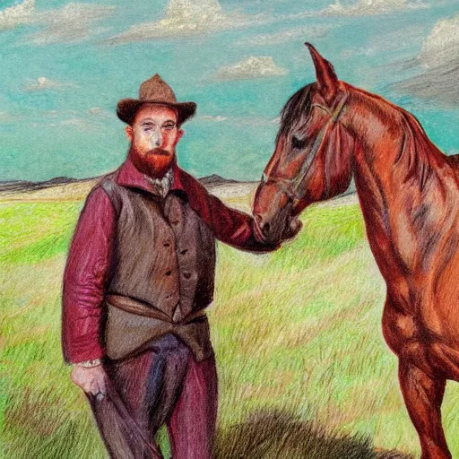 Image similar to colorful drawing of an irishman surrounded by many horses