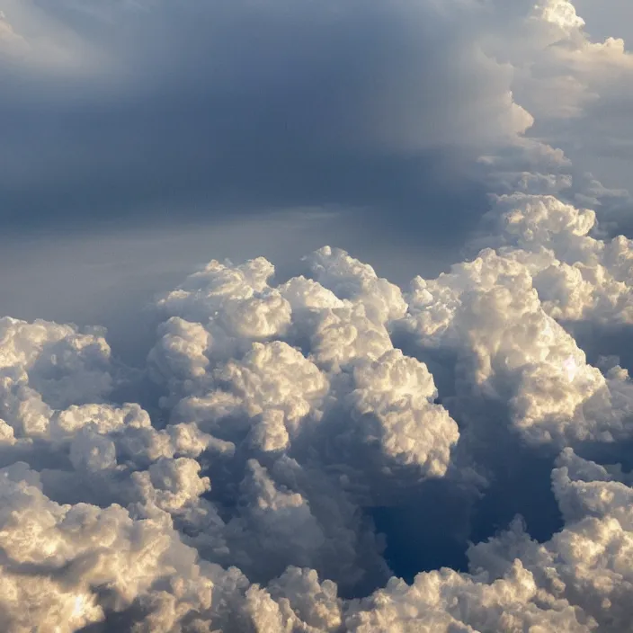 Image similar to Endless storm clouds towering high, seen from a plane, a lightning is visible, no ground visible, very detailed, 8k resolution, pale yellow hue with brown shadows