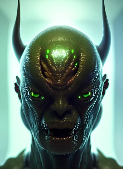 Image similar to portrait of a space alien, varying detailed skin, octane render, piercing glowing eyes, realistic render, detailed, ugly, slimy unreal engine, symmetrical!!, greg rutkowski and ruan jia, cinematic