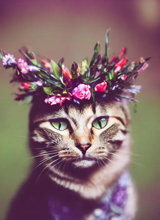 Prompt: 3 5 mm macro photography of a cat wearing a floral headdress and paisley suit