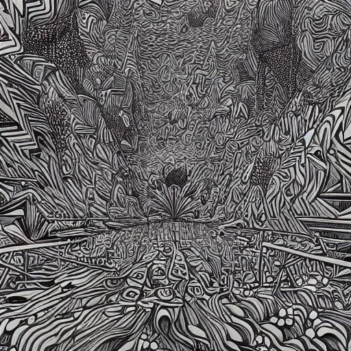 Image similar to Geometrically surreal landscape, extremely high detail, photorealistic, intricate line drawings, dotart, album art in the style of James Jean