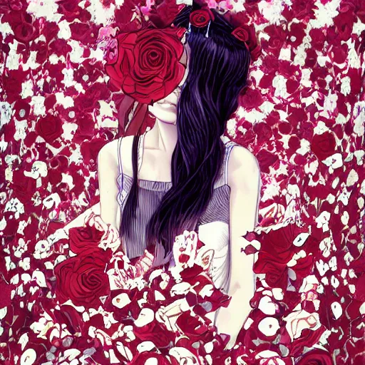 Prompt: Alice in Wonderland at the tea party, she looks like a mix of grimes, Aurora Aksnes and zoë Kravitz, sweet and innocent, surrounded by red and white roses, digital illustration, inspired by Aeon Flux, Japanese shoujo manga, and Alexander McQueen fashion, hyper detailed, dreamlike, incredibly ethereal, super photorealistic, iridescent colors, Tyndall effect, extremely fine inking lines