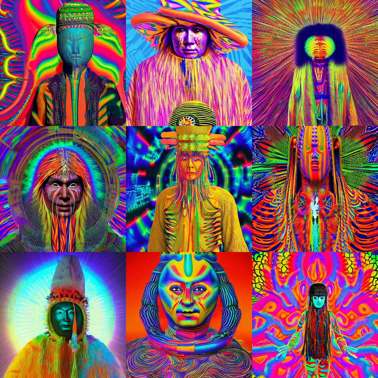 Prompt: a espiritual psychedelic portrait of a Selk'nam with a Capirote, Plastic toy, art toy, by Jean Giraud , Al Feldstein , Yayoi Kusama , Lisa Frank , Award winning photo, iridiscense, Houdini algorithmic generative render, dramatic lighting, Accurate and detailed, sharp focus, octane render 8k ,