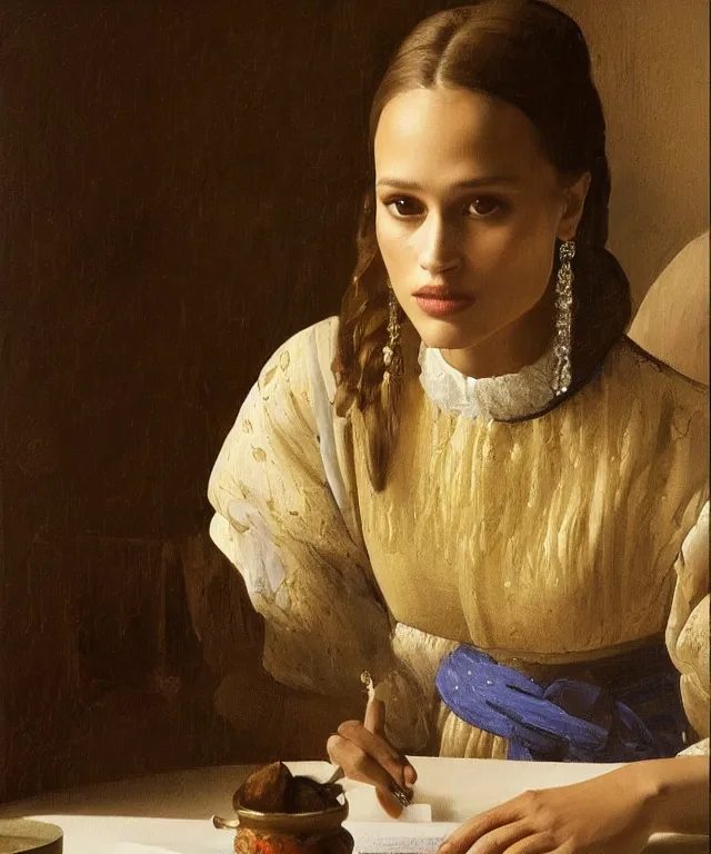 Image similar to a highly detailed, beautifully lit portrait of a pretty, young alicia jessica vikander alba sitting at a table by an open window, oil painting portrait by vermeer