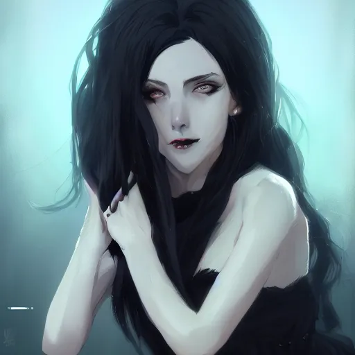 Image similar to female human vampire witch in the style of greg rutkowski, makoto shinkai, trending on artstation, character design, concept art, pretty face, highly detailed, long black hair, portrait, digital art