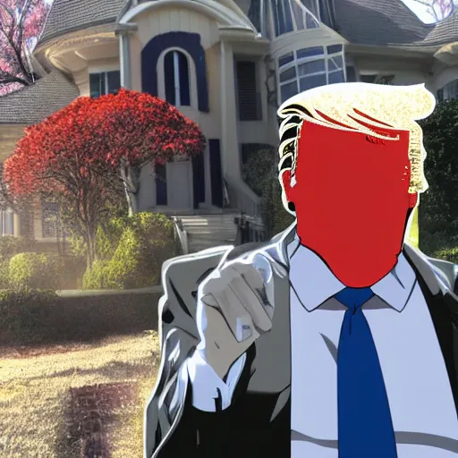 Prompt: anime donald trump villain posing in front of a spooky house