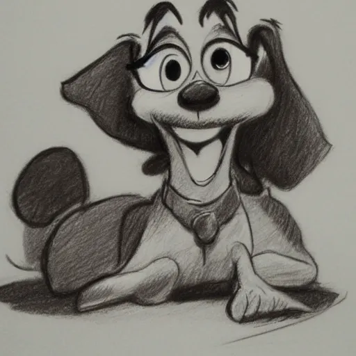 Image similar to milt kahl pencil sketch of happy mini schnauzer cartoon lady and the tramp style