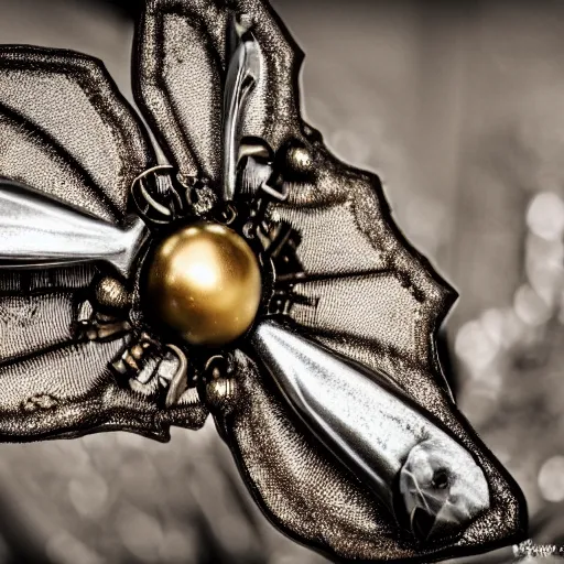 Prompt: fairy wings, metal, steampunk, macro, award winning photo