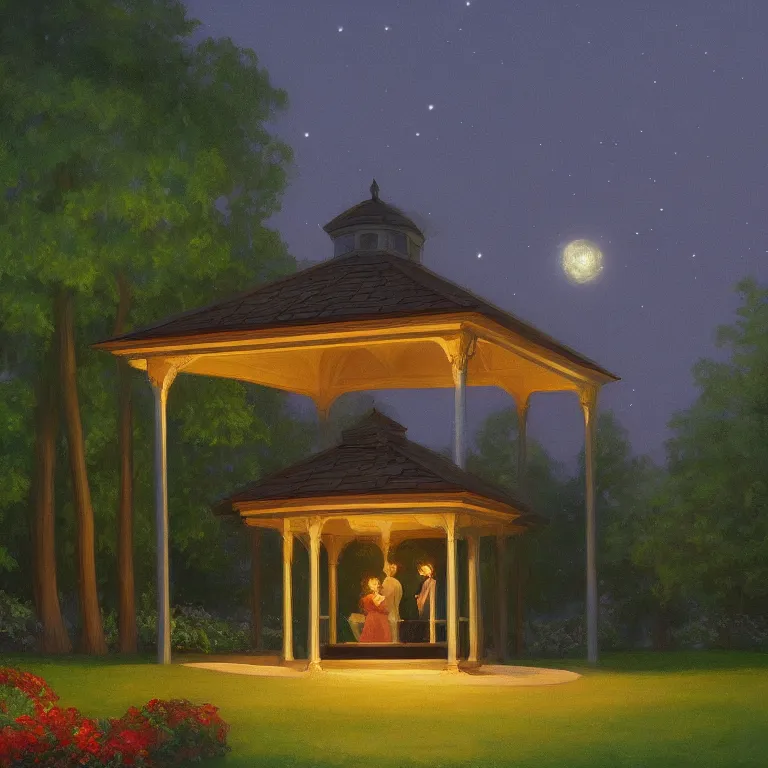 Prompt: a storybook illustration of a beautiful cozy moonlit gazebo, fireflies, quiet night foggy scene painted by Edward Hopper masterpiece, intricate, elegant, fantasy, highly detailed, digital painting, concept art, sharp focus, artstation