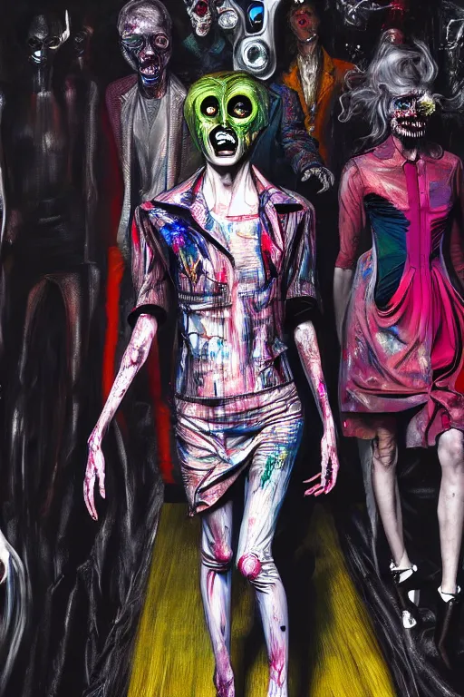 Image similar to crazy fashion catwalk, one model, crazy clothes, biopunk style, horror, hauntingly surreal, highly detailed painting by francis bacon, edward hopper, adrian ghenie, gerhard richter, and james jean soft light 4 k,