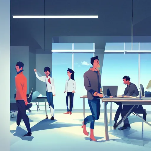 Prompt: team of sap employees in the office performing a due diligence to a startup based in italy. photoshop filter cutout vector behance hd by jesper ejsing, by rhads, makoto shinkai and lois van baarle, ilya kuvshinov, rossdraws, illustration, art by ilya kuvshinov