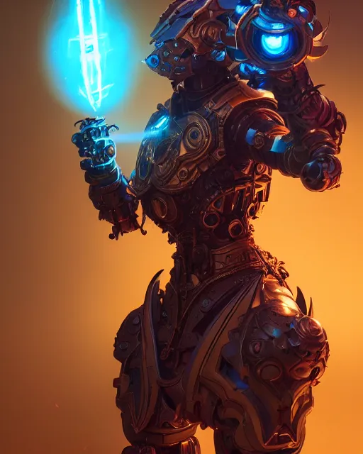 Image similar to diablo action game robot shaman by artgerm, greg rutkowski, alphonse mucha and beeple highly detailed, sharp focus, cinematic lighting, illustration, art, octane render, unreal engine lumen, very coherent. cinematic, hyper realism, high detail, octane render, 8 k