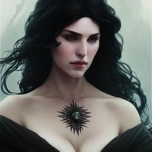 Prompt: portrait of a Yennefer from the Witcher, D&D, fantasy, intricate, elegant, highly detailed, digital painting, artstation, concept art, matte, sharp focus, illustration, art by Artgerm and Greg Rutkowski and Alphonse Mucha