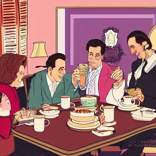 Image similar to seinfeld fancy tea party, digital art, illustration, highly detailed, warm color scheme, soft lighting, sharp focus