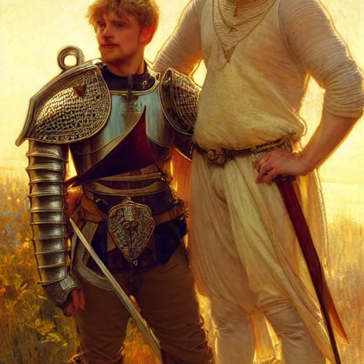 Image similar to attractive arthur pendragon and his attractive male knight, they are in love, natural lighting, path traced, highly detailed, high quality, digital painting, by gaston bussiere, craig mullins, alphonse mucha j. c. leyendecker