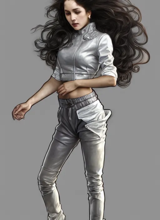 Image similar to girl in very short white! top and very short gray! leather jacket, open belly, long dark curly hair, high waist sweatpants, intricate, elegant, highly detailed, digital painting, artstation, concept art, smooth, illustration, art by artgerm and greg rutkowski and alphonse mucha