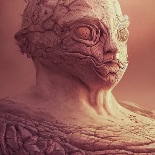 Prompt: overgrown old cityscape ruins with intricate details, on the desert of mars, a huge god like face in the distance, insanely detailed faces by artgerm ; natural portrait 3 d, disney pixar style. cinematic, intricate, clean, crisp, highly detailed stunning realistic, award winning, trending on artstation