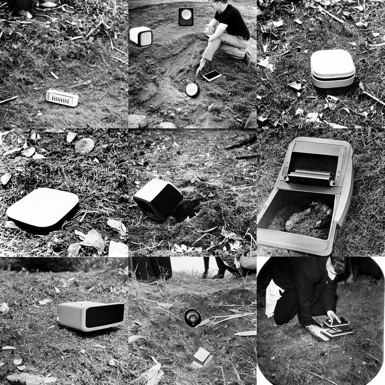 Prompt: 1960s photographic evidence of Sonos speaker partially buried in the ground