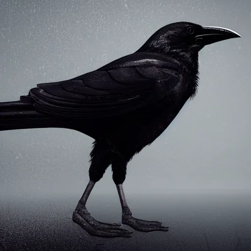 Prompt: portrait of a crow looking over his shoulder, body facing forward and head backwards towards the viewer, unreal engine 5 in the style of blade runner, highly detailed and crisp render of distressed feathers, eyes made out of reflective chrome like a mirror