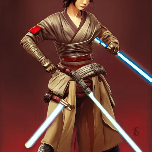 Prompt: star wars samurai assassin girl, movie poster by jc leyendecker, 4 k resolution, detailed, high quality, hq artwork, coherent, insane detail, concept art, character concept, character full body portrait