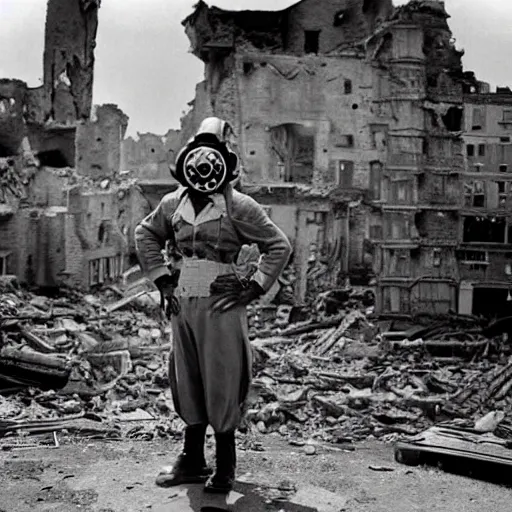 Image similar to apocalyptic disney characters wearing gas masks, war zone destroyed roman buildings in the background landscape , 1940s film photography