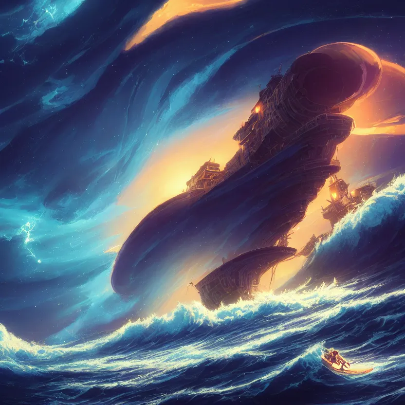 Prompt: treasure planet, ship on a stormy sea with huge waves, clouds, stars, rings, beautiful lighting, vivid colors, intricate, elegant, smooth, highly detailed digital painting, concept art, cinematic, unreal engine, wallpaper, by syd mead, terada katsuya, atey ghailan, svetlin velinov, makoto shinkai art style