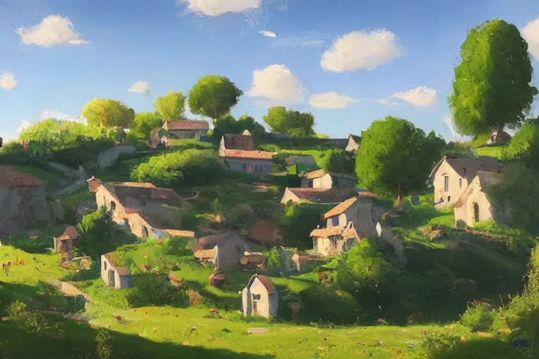 Image similar to a beautiful landscape of a tiny futuristic village in the french countryside during spring season, painting by lorenzo lanfranconi hd, nice spring afternoon lighting, smooth tiny details, soft and clear shadows, low contrast, perfect