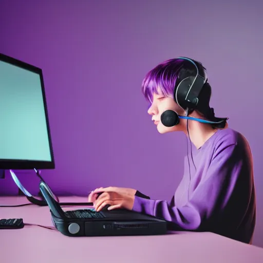 Prompt: beautiful purple - haired female sleeping at desk on computer, wearing headphones, by beeple in hyper realistic action still