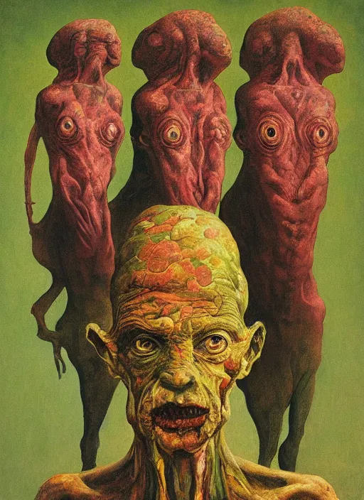 Prompt: three wise men in one, a beautiful creature, blurred, grotesque, doomed, neural acrylic paint, high resolution, gouache on canvas, ultra detailed, vibrant colors, grotesque, wrapped thermal background, slimey, art by francis bacon, beksinski painting