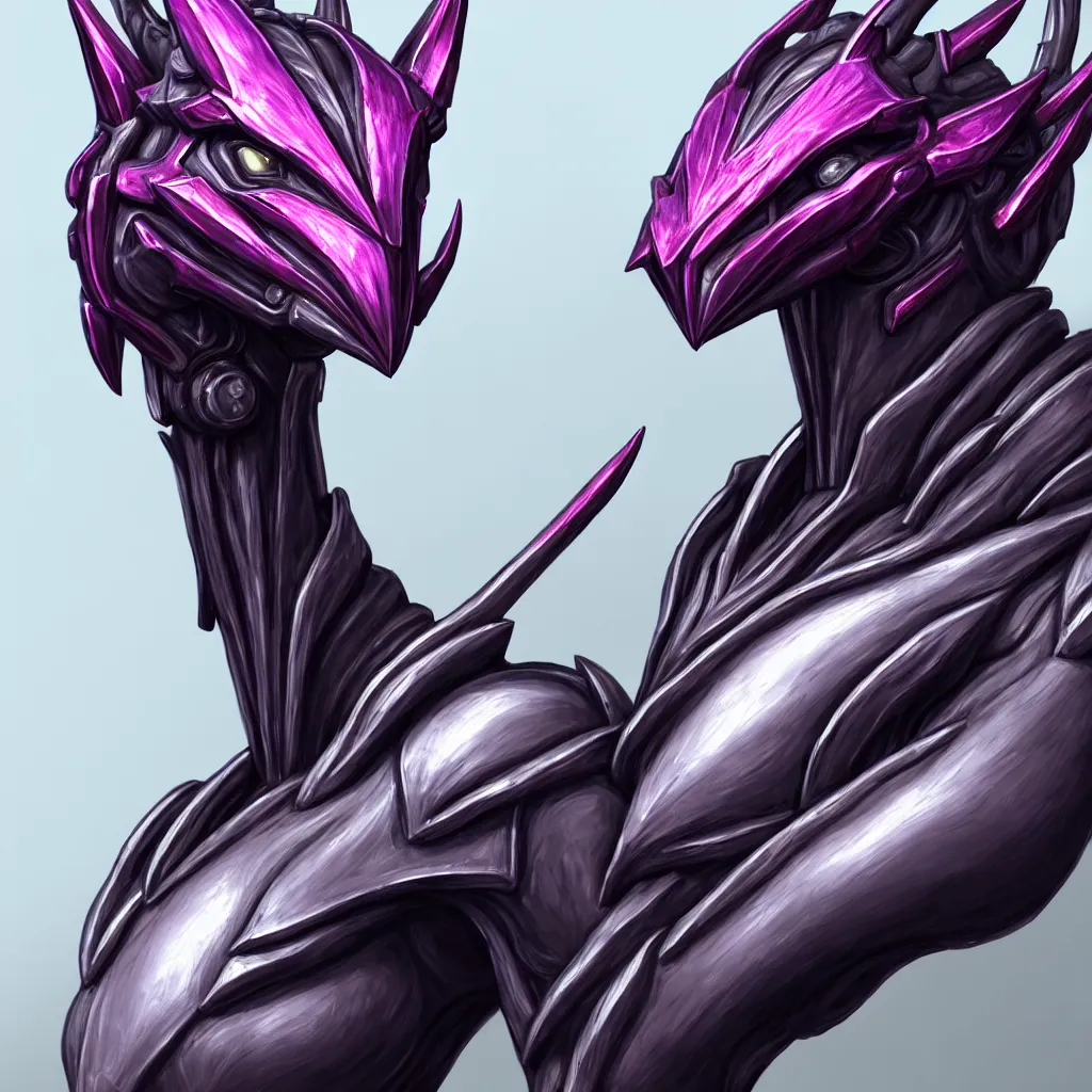 Image similar to extremely detailed bust shot of a goddess that's a giant beautiful stunning anthropomorphic robot female dragon, standing majestically over mountains, elegant pose, streamlined shiny silver metal armor, fuchsia skin below the armor, sharp metal claws, long elegant tail, detailed warframe fanart, high quality digital art, giantess art, furry art, warframe art, furaffinity, DeviantArt, 8k HD, octane render