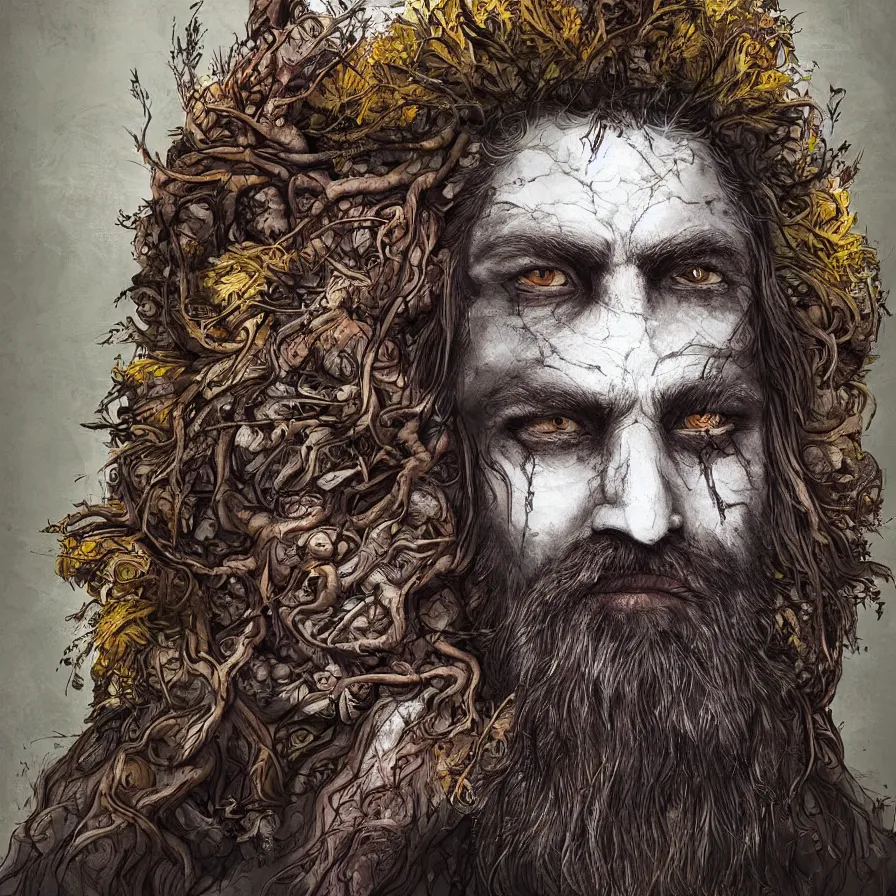 Prompt: Portrait of the Primeval Forest God, a young but wise bearded Western male druid deity with ten faces and blind white eyes, he presides over the wilderness and brings wisdom onto the world. His body is partially covered in tree bark. Headshot, insanely nice professional hair style, dramatic dark brown tribal hair, bright colourful halo around the head, digital painting, of a old 17th century, amber jewels, baroque, ornate clothing, tribalistic sci-fi, realistic, hyper-detailed, chiaroscuro, concept art, art by Franz Hals and Jon Foster and Ayami Kojima and Amano and Karol Bak,