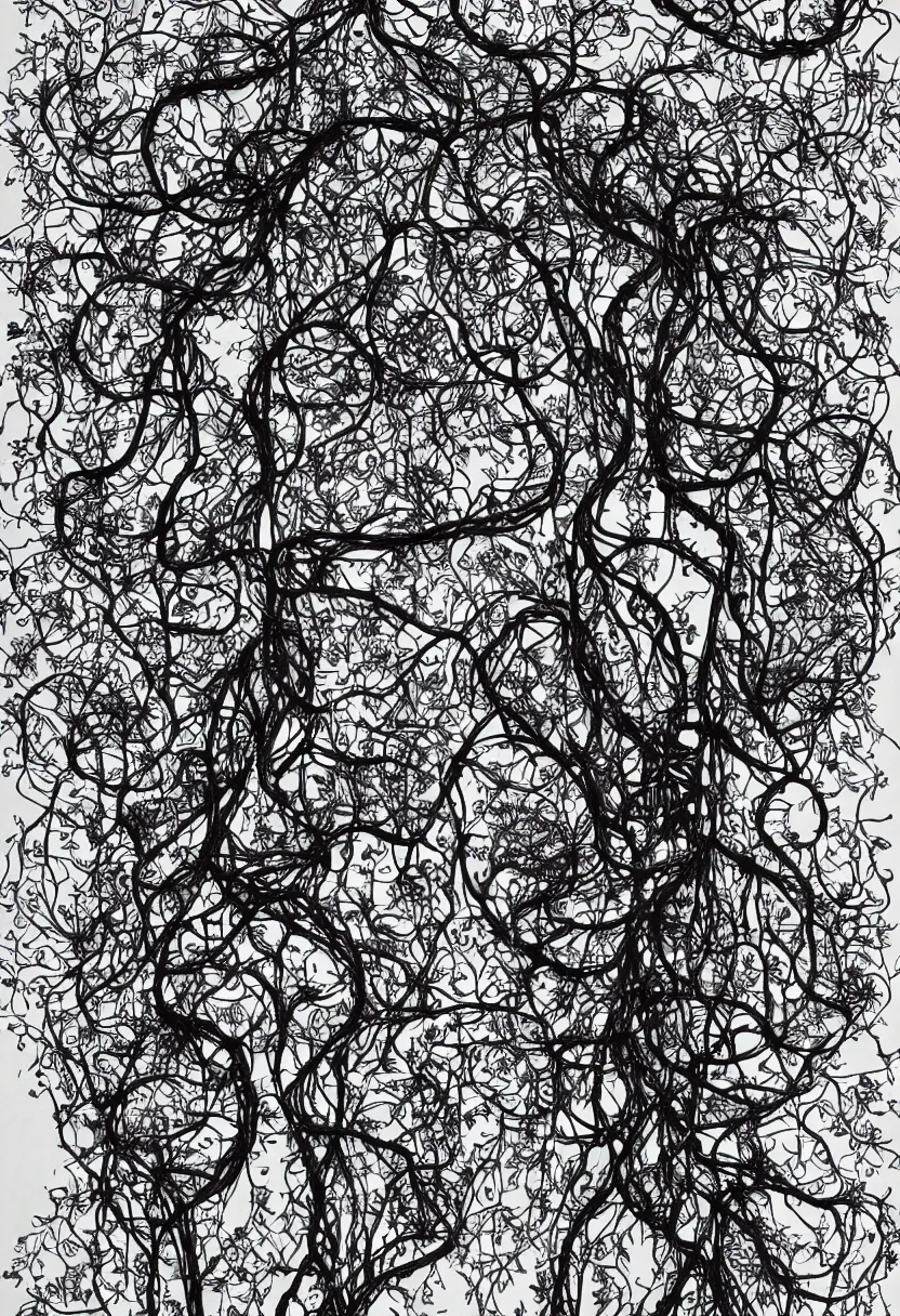 Prompt: human circulatory system, of vines and flowers, black and white background, apocolypse, arms open, no duplicate image, heart made of flowers, intricate details, art by feng zhu, beautiful