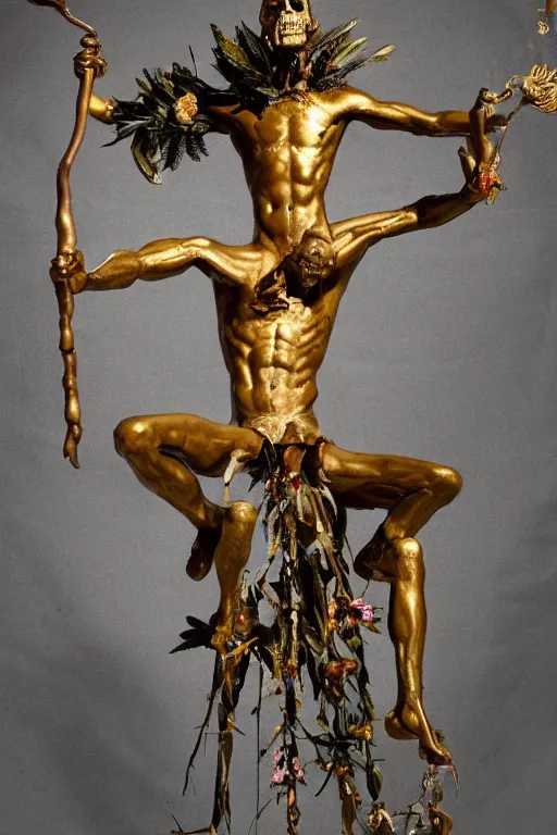 Prompt: Jean-Michel Basquiat as a bronze full-body statue of Icarus spreading his arms for flight, glowing quartz crystal skull, wreath of ferns, flowing sakura-colored silk, fabric, flowers. baroque elements, human skull. full-length view. baroque element. intricate artwork by caravaggio. many many birds birds on background. Trending on artstation. halo. octane render, cinematic, hyper realism, octane render, 8k, depth of field, 3D