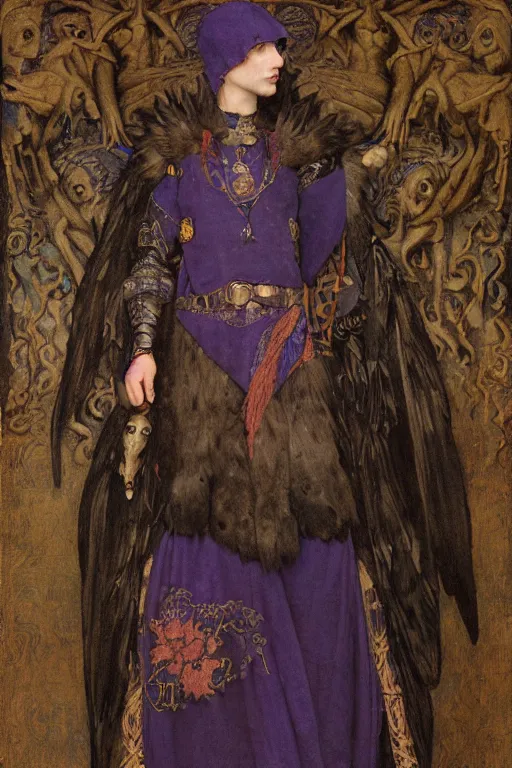 Image similar to an anthropomorphic raven dressed as a renaissance lord , by Annie Swynnerton and Nicholas Roerich and John Bauer and jean delville and John William Godward and Donato Giancola and Vermeer, satin brocade and embroidered velvet, iridescent beetles, rich color, dramatic cinematic lighting, featured on Artstation, extremely detailed