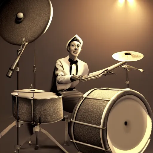 Image similar to 1940's musician playing drums, photorealistic art, hd, 8k, cinematic lighting, intricate details, high definition