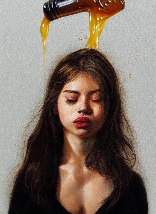 Image similar to portrait of a girl, honey dripping down her, hyper-realistic, high-tech