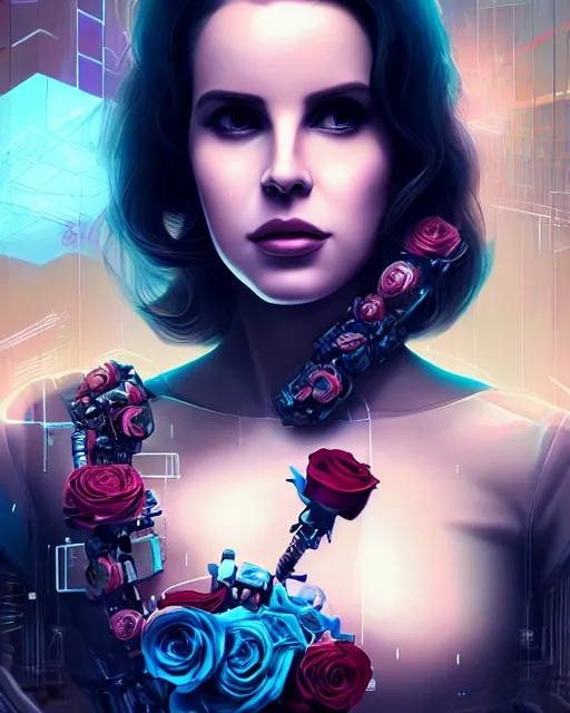 Image similar to portrait of lana del rey as a cyberpunk cyborg. roses, sci - fi, intricate abstract, upper body, intricate artwork, by tooth wu, wlop, beeple, dan mumford. concept art, 8 k octane render, deviantart, greg rutkowski, cinematic, key art, hyperrealism, iridescent accents