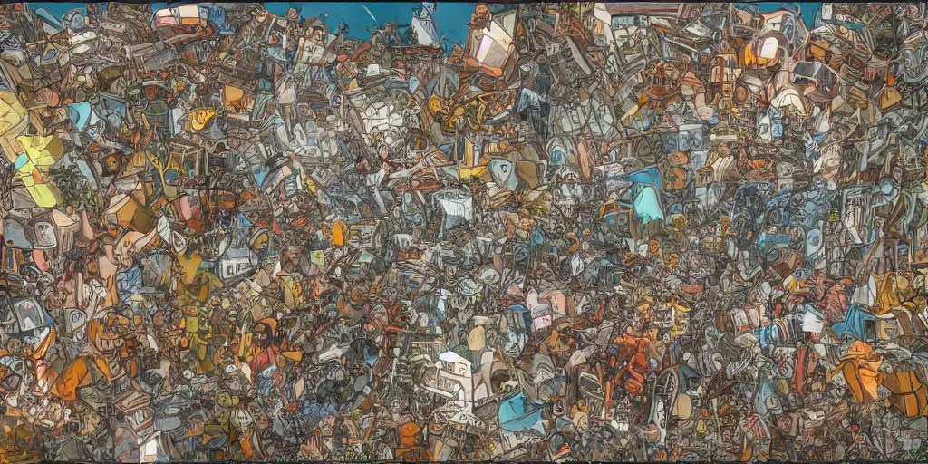 Image similar to escher style pattern of three point perspective, 3 6 0 panorama colorful kim jung gi characters with the texture of old rust and trash