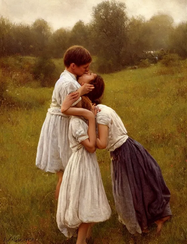 Image similar to peasant boy and girl first kiss, on a village, Cinematic focus, Polaroid photo, vintage, neutral colors, soft lights, foggy, by Steve Hanks, by Serov Valentin, by lisa yuskavage, by Andrei Tarkovsky 8k render, detailed, oil on canvas