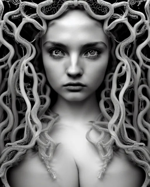 Prompt: mythical dreamy underwater artistic black and white photo of a translucent beautiful young female angelic - medusa - vegetal - doll, highly detailed, intricate crystal ivy jelly ornate, poetic, translucent algae ornate, digital art, octane render, 8 k artistic photography, photo - realistic, hg giger flora borsi