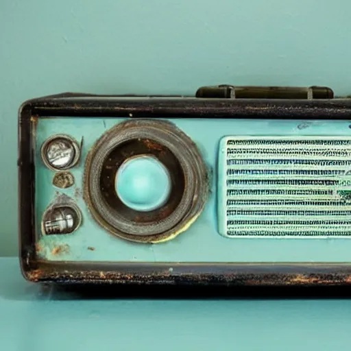 Prompt: an old pristine looking radio with a blue glowing fluid leaking out of its sides